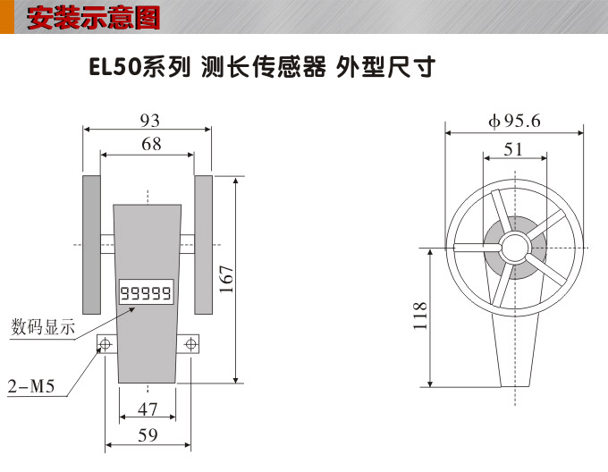 测长传感器,EL50计长传感器,米轮,旋转编码器安装示意图