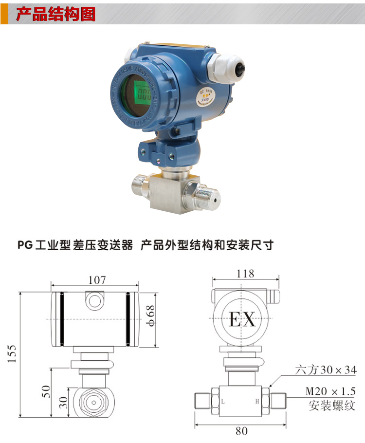 数显差压变送器,PG1300DY差压变送器结构图